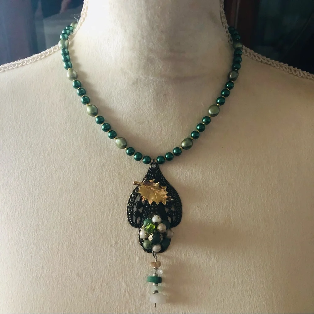 Handcrafted repurpose sage freshwater brass pendant Czech glass Pearl necklace